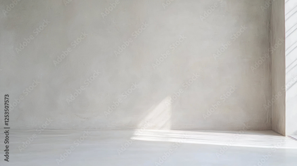 Poster Minimalist interior with light gray wall and soft natural light streaming through window, creating subtle shadows on smooth floor