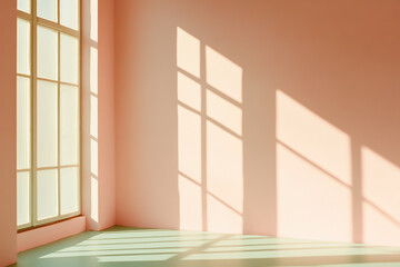 Soft sunlight casting geometric shadows in serene minimalistic pastel room corner