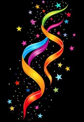 Obraz premium Black background with colorful ribbons and stars, rainbow color scheme, simple lines, no details on black background