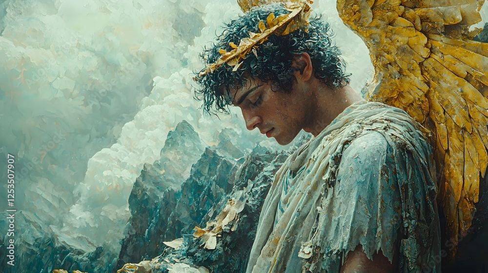 Poster apollo depicted in oil painting set in mount olympus evoking a melancholic mood illuminated by overc