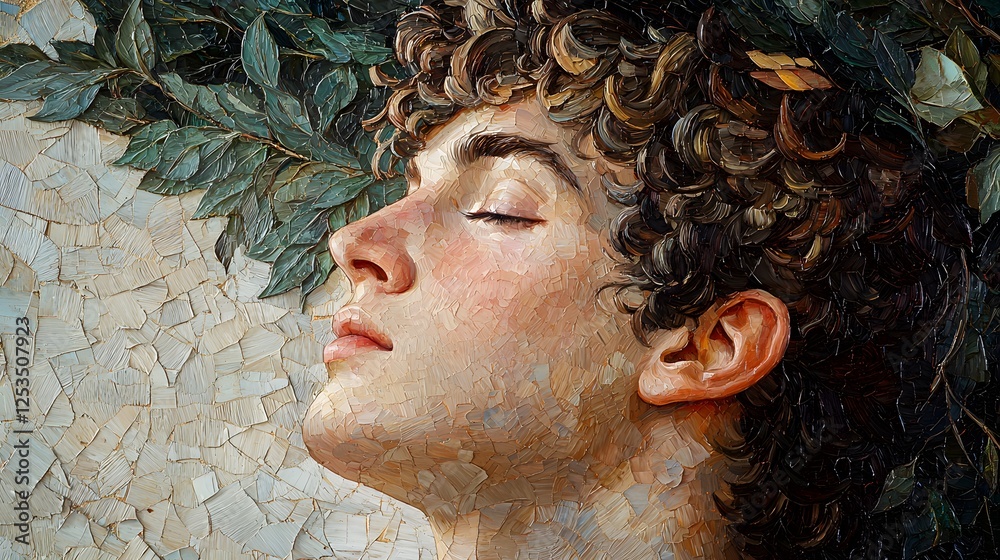 Poster apollo depicted in oil painting set in mount olympus evoking a melancholic mood illuminated by overc