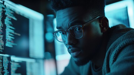 Close up of a dark skinned man intensely focusing on multiple computer screens displaying lines of code. The screens are illuminated with a cool, blue toned light, highlighting the man's determined