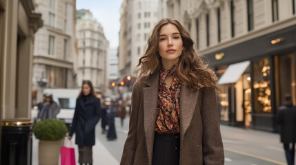Fototapeta premium A chic traveler in a long wool coat, confidently walking through a high-end shopping district