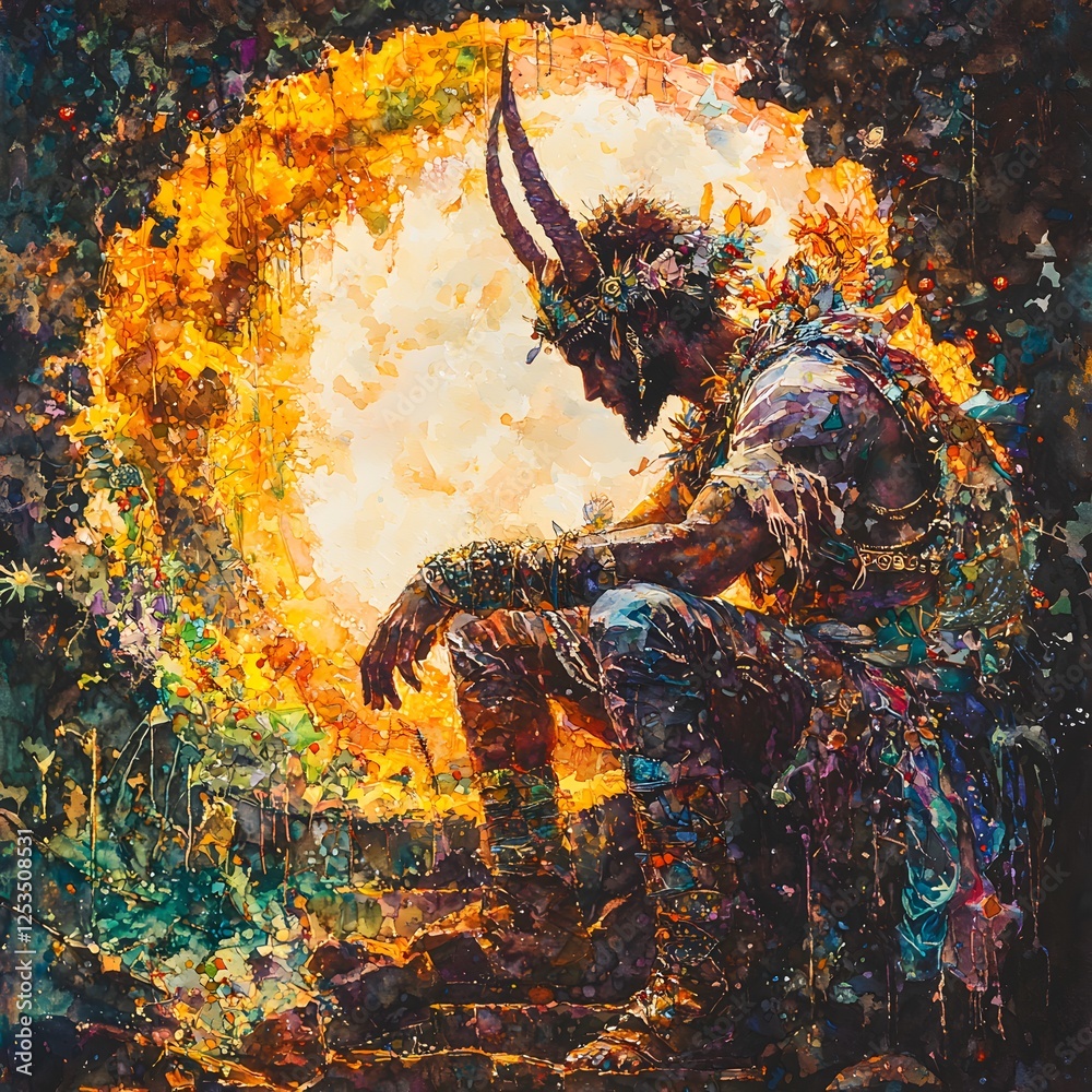 Poster apollo depicted in watercolor painting set in underworld evoking a mysterious mood illuminated by ce