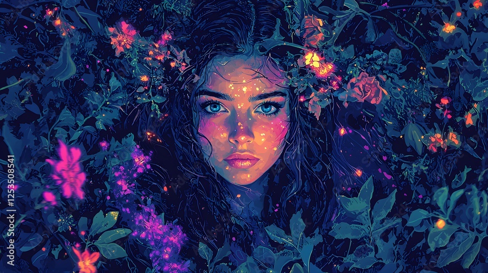 Poster persephone depicted in digital painting set in mystical forest evoking a mysterious mood illuminated