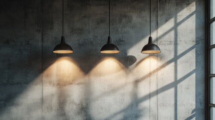 Three pendant lights illuminate a concrete wall, sunlit window background; interior design