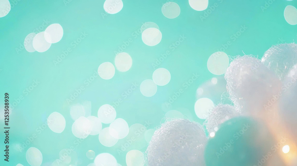Aufkleber Soft bokeh lights in mint green gradient background with white fluffy textures create dreamy and refreshing atmosphere, evoking sense of calm and serenity
