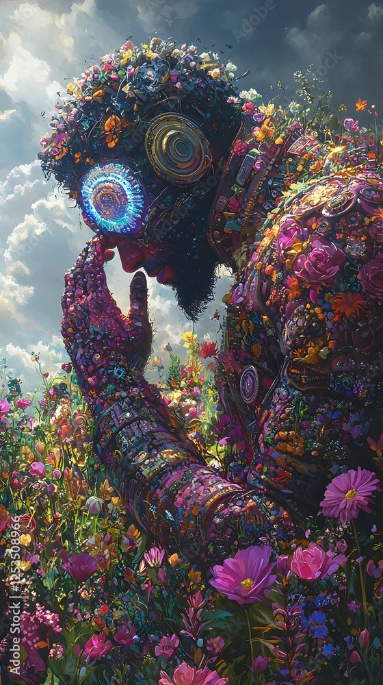 Poster Cyclops depicted in Digital painting set in Heavenly garden evoking a Serene mood illuminated by Overcast with a Dynamic pose hyper-detailed vibrant colors intricate details