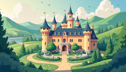 Naklejka premium Enchanting castle nestled among rolling hills, surrounded by lush green landscapes and a serene lake under a bright blue sky