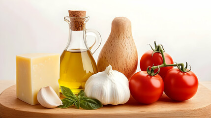 Still life with cheese, olive oil, garlic, tomatoes & herbs on wooden board against white background. Suitable for cooking articles