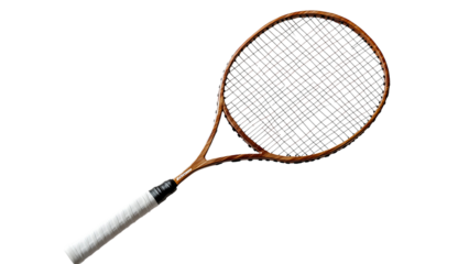 a vintage wooden badminton racket, with a black grip and white wrap, ready for action. Its strings are taut and prepared for a game.  