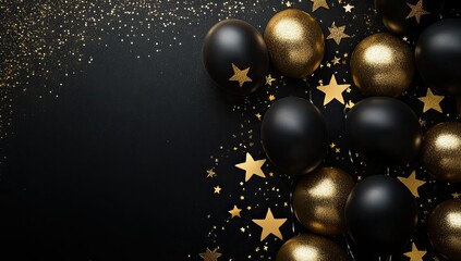 Black background with golden stars and balloons, birthday party decoration banner template design