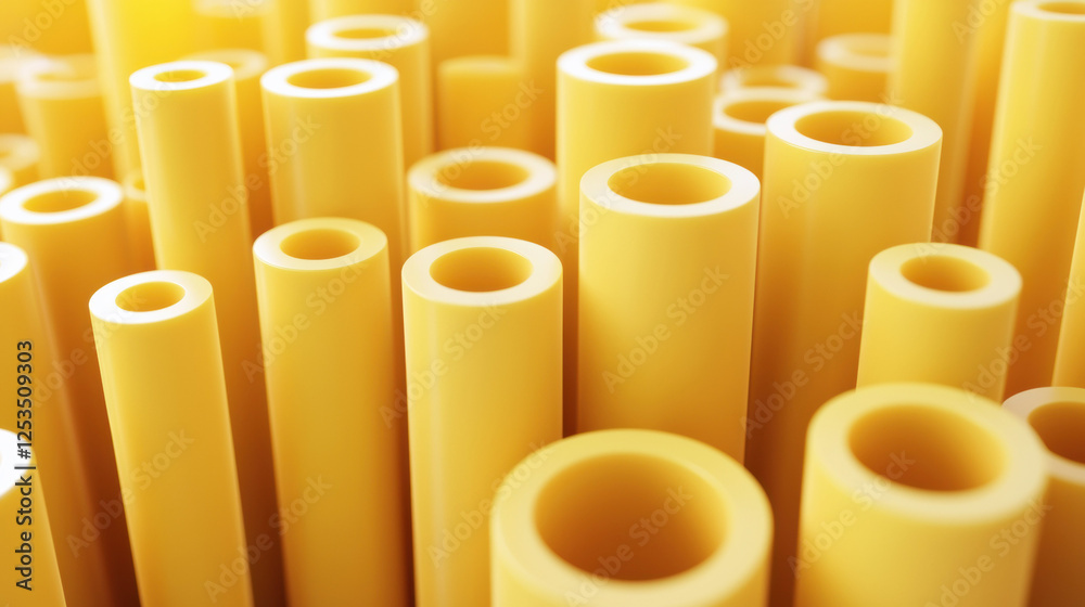 Poster close up view of yellow cylindrical tubes arranged in varying heights, creating smooth and abstract pattern with soft gradient of light and shadow