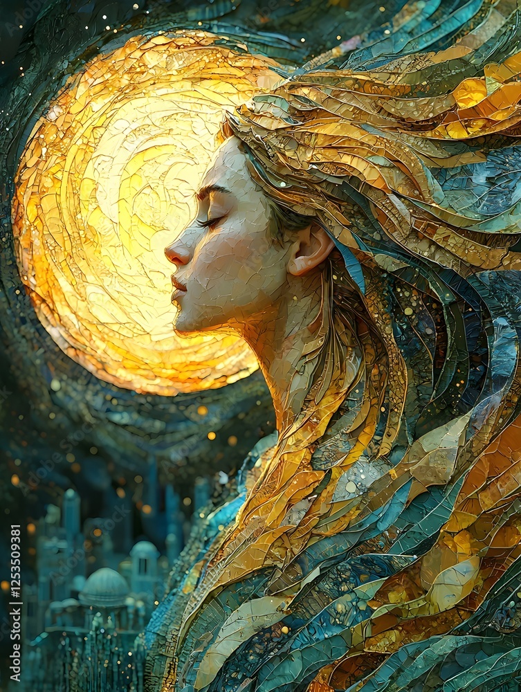 Poster athena depicted in abstract art set in golden palace evoking a powerful mood illuminated by moonlit 