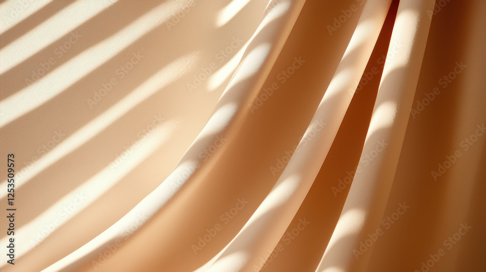 Aufkleber Soft beige fabric with flowing drapery and light patterns from window blinds, creating serene and elegant atmosphere