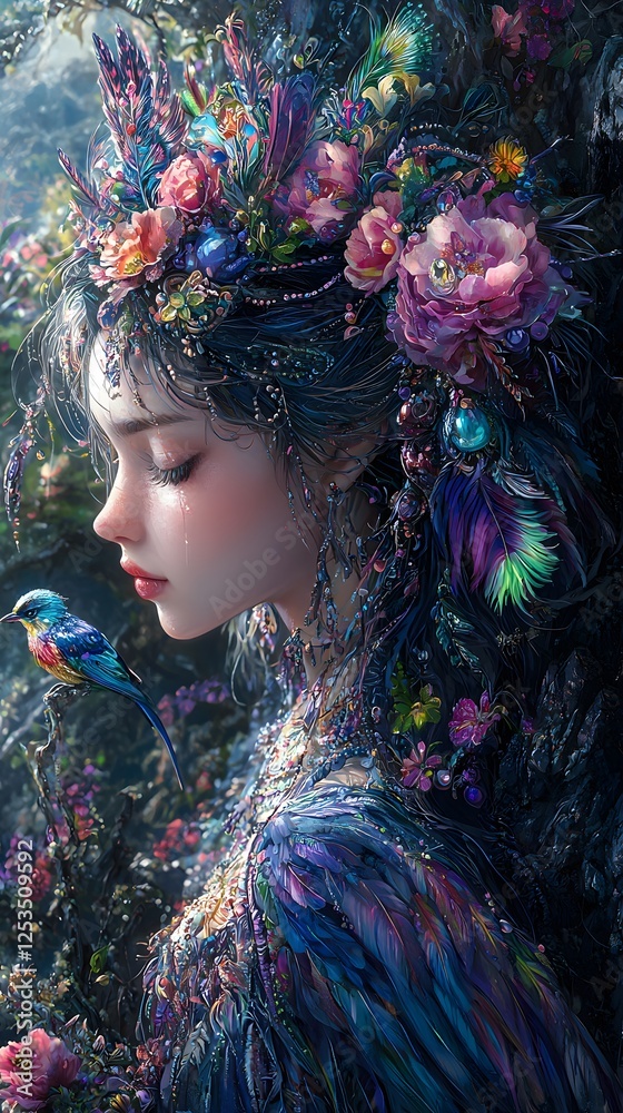Poster persephone depicted in fantasy illustration set in mount olympus evoking a playful mood illuminated 