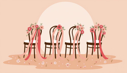 Obraz premium Chairs adorned with flowers and ribbons creating a charming atmosphere for a joyful celebration