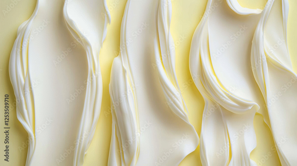 Leinwandbilder Smooth cream swirls on light yellow textured background, creating soft and elegant abstract pattern. creamy texture and pastel tones evoke sense of calm and sophistication
