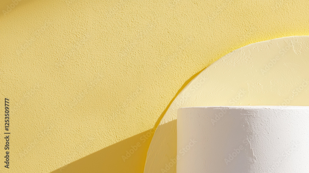 Aufkleber minimalist composition featuring light yellow textured background with white cylindrical object casting soft shadow, creating modern and abstract aesthetic