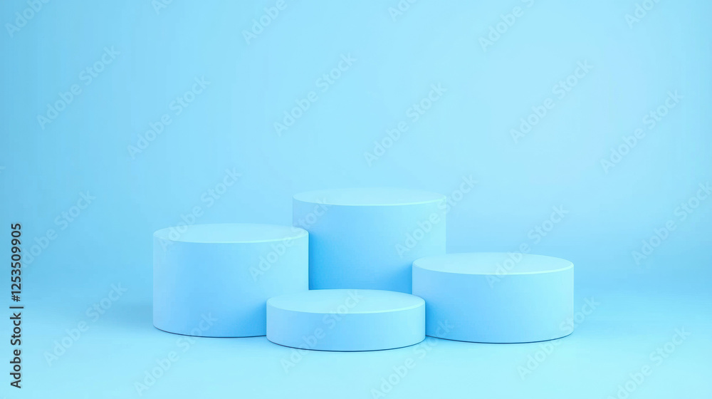Poster minimalist blue background with cylindrical podiums arranged clean, modern composition, ideal for pr