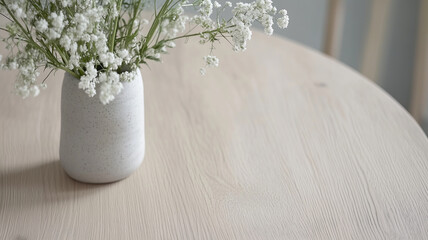 simple vase with white flowers on light wooden table creates serene atmosphere. soft textures and natural colors enhance calming aesthetic of space