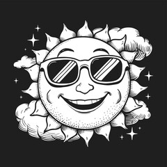Fototapeta premium black background comic illustration of a smiling sun wearing cool rounded sunglasses 