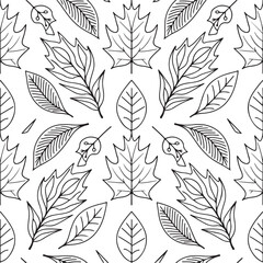 Fototapeta premium Vector seamless pattern with autumn leaves, coloring page for kids and adults