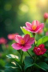 Vibrant blooming flowers, lush green leaves, soft sunlight , life, texture, renewal