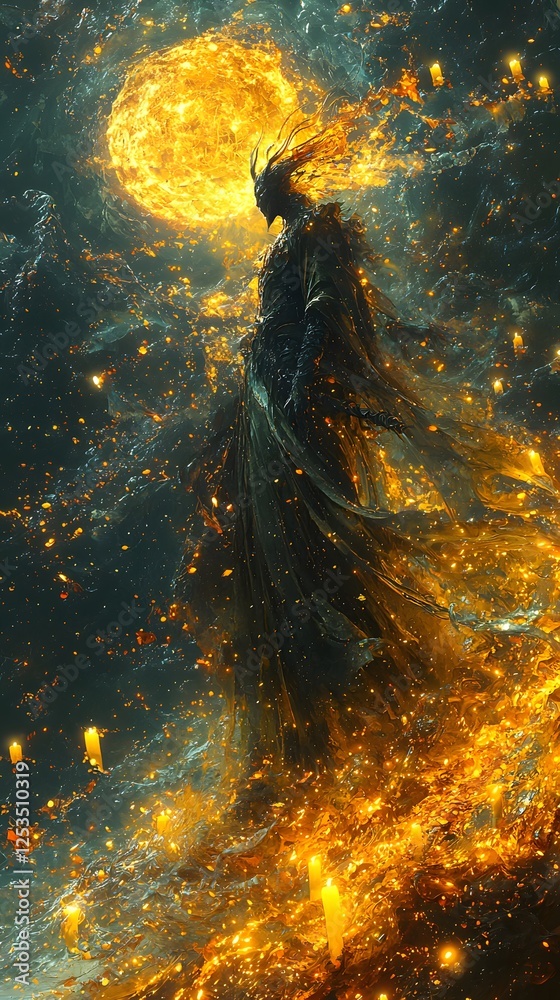 Poster hades depicted in abstract art set in deep ocean evoking a mysterious mood illuminated by candlelit 