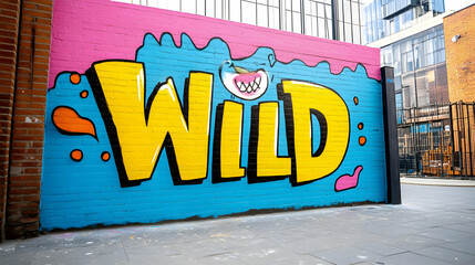 Vibrant graffiti on a brick wall in an urban alley, showcasing street art and adding character to the city landscape; can illustrate creativity
