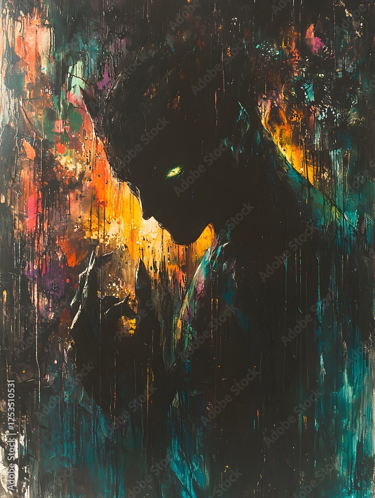 Poster hercules depicted in abstract art set in underworld evoking a tragic mood illuminated by overcast wi