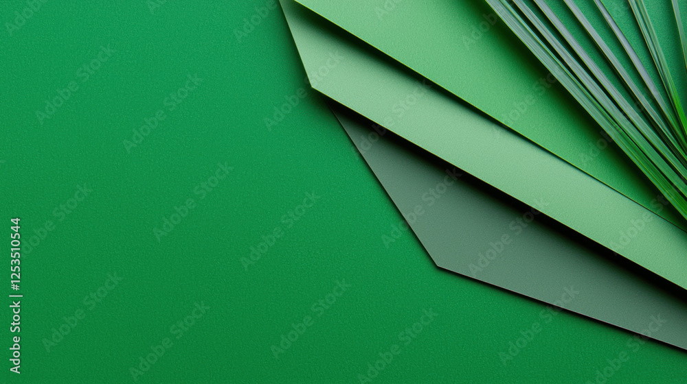 Poster minimalist composition featuring layered green paper sheets on dark green background, creating subtle texture and depth. arrangement conveys simplicity and elegance
