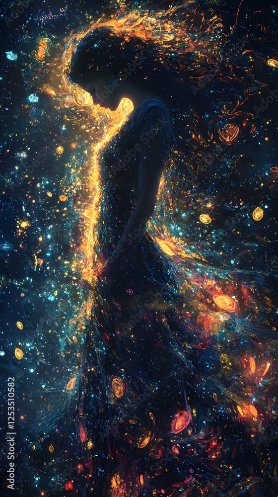 Poster persephone depicted in digital painting set in celestial sky evoking a ethereal mood illuminated by 