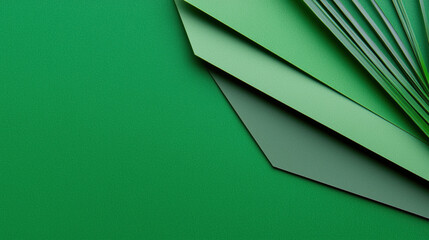 minimalist composition featuring layered green paper sheets on dark green background, creating subtle texture and depth. arrangement conveys simplicity and elegance