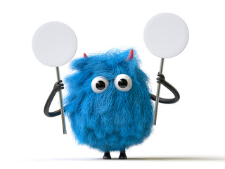 Fluffy, cute monster holds a blank sign, symbolizes information and advertising display. 3D rendering, conceptual image. Isolated on white background.