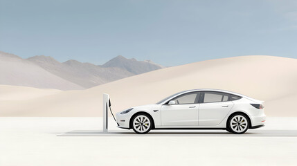 Fototapeta premium White electric car charging in a desert landscape, promoting eco-friendly transport and showcasing sustainable energy solutions for climate change
