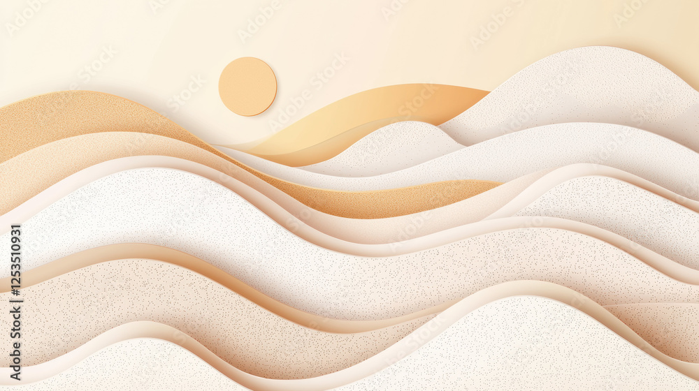 Poster soft beige gradient abstract landscape with layered wavy textures and warm sun in background, evokin
