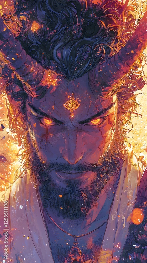 Poster dionysus depicted in anime style set in underworld evoking a regal mood illuminated by celestial lig