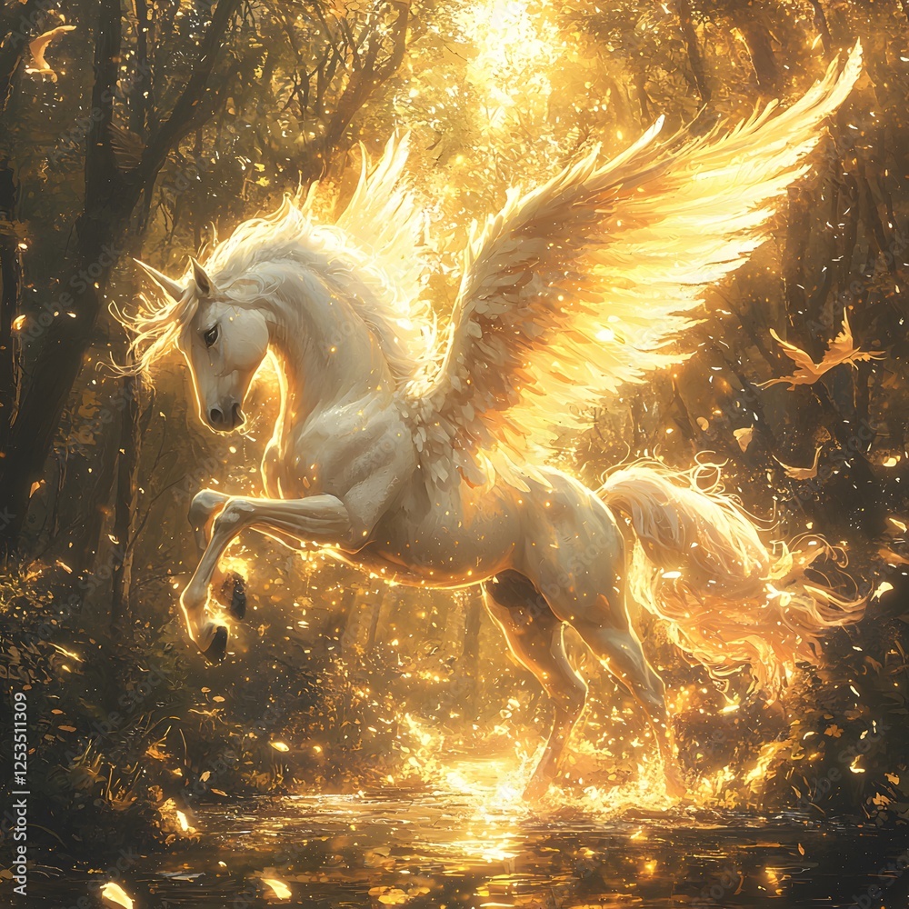 Poster pegasus depicted in anime style set in mystical forest evoking a regal mood illuminated by golden ho