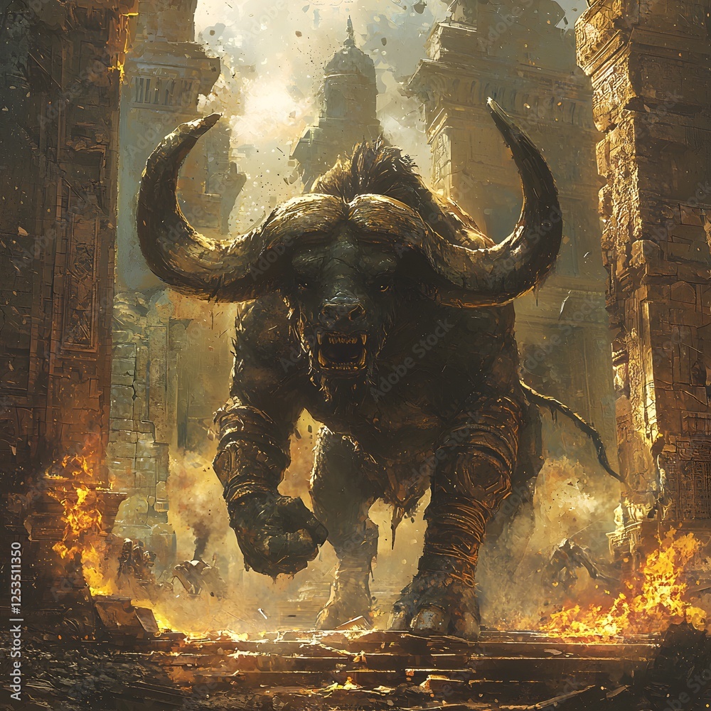 Poster minotaur depicted in concept art set in ruined temple evoking a heroic mood illuminated by golden ho