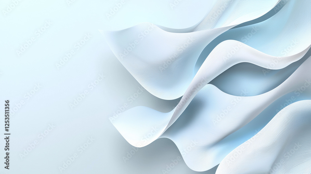 Fototapete Soft flowing white and blue abstract waves on light background, creating serene and modern aesthetic. texture and gradient add depth and elegance to composition
