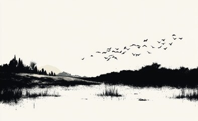 Flocking birds over a meadow landscape at sunrise