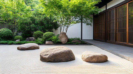 Zen garden with stones on sand, trees & sliding doors. Peaceful background for meditation or relaxation