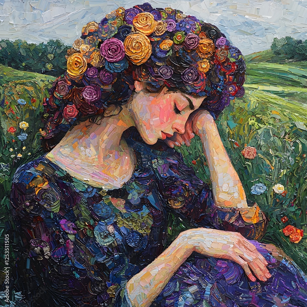 Poster persephone depicted in abstract art set in ancient greece evoking a serene mood illuminated by overc