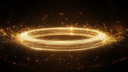 Obraz premium Golden Circular Light Trails Swirling in a Dark Space with Glowing Particles
