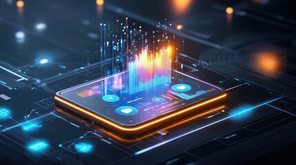 Fototapeta premium A futuristic concept of AI scanning social media insights, featuring glowing UI elements in a dark tech setting, radiating efficiency and intelligence.
