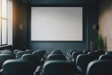 Empty conference room with blank projector screen slide