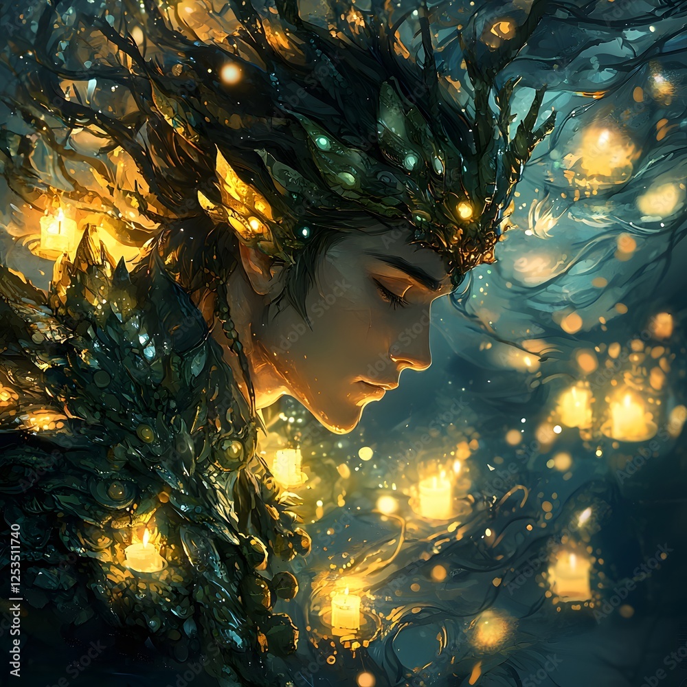 Poster prometheus depicted in anime style set in deep ocean evoking a regal mood illuminated by candlelit w