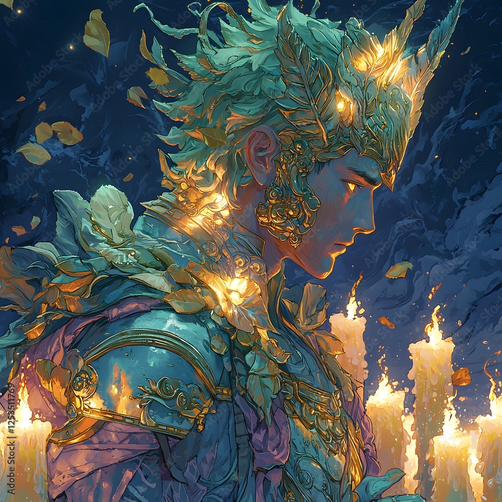 Poster Prometheus depicted in Anime style set in Deep ocean evoking a Regal mood illuminated by Candlelit with a Side profile hyper-detailed vibrant colors intricate details