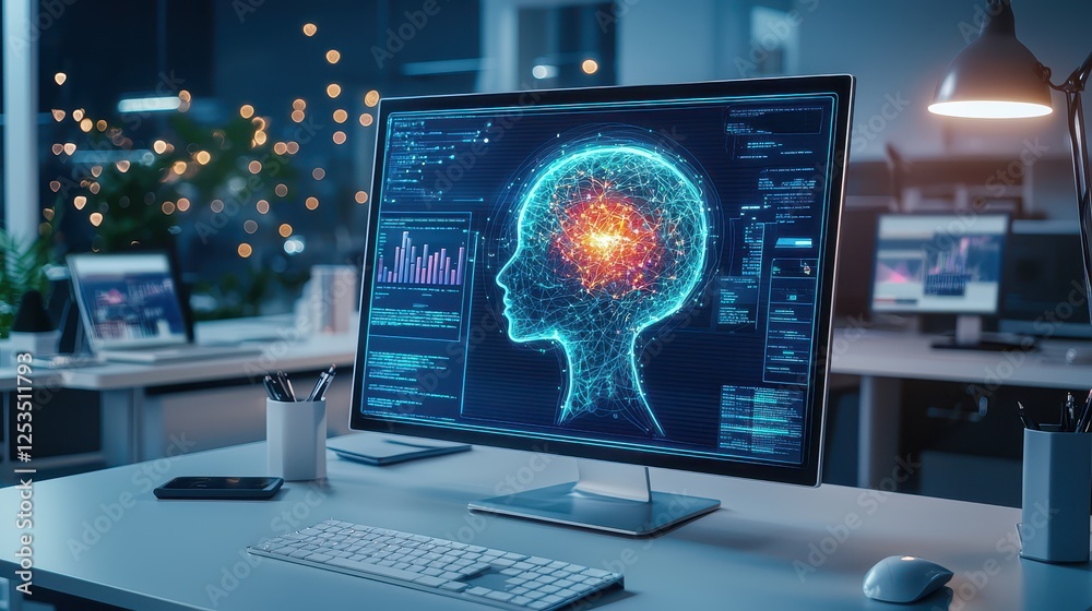 Poster a futuristic workspace where ai algorithms generate personalized ad campaigns, displaying automated 